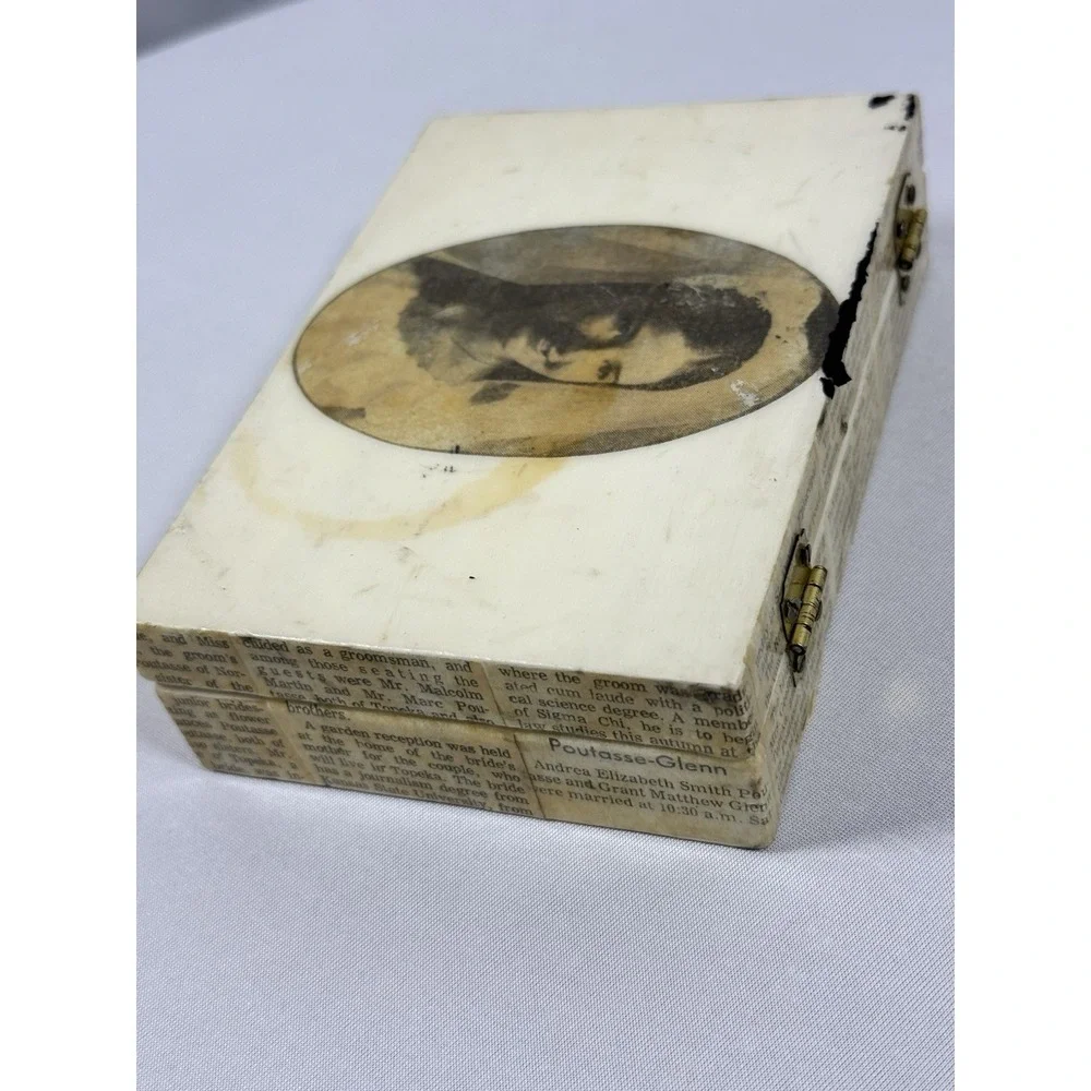 Antique Wood‎ Decoupage Bride/Announcement Hinged Box